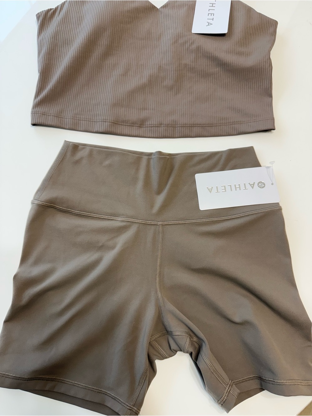 Athleta Ribbed V-Neck Crop Top & High-Waist Bike Shorts Set - Taupe Brown - Picture 4 of 4